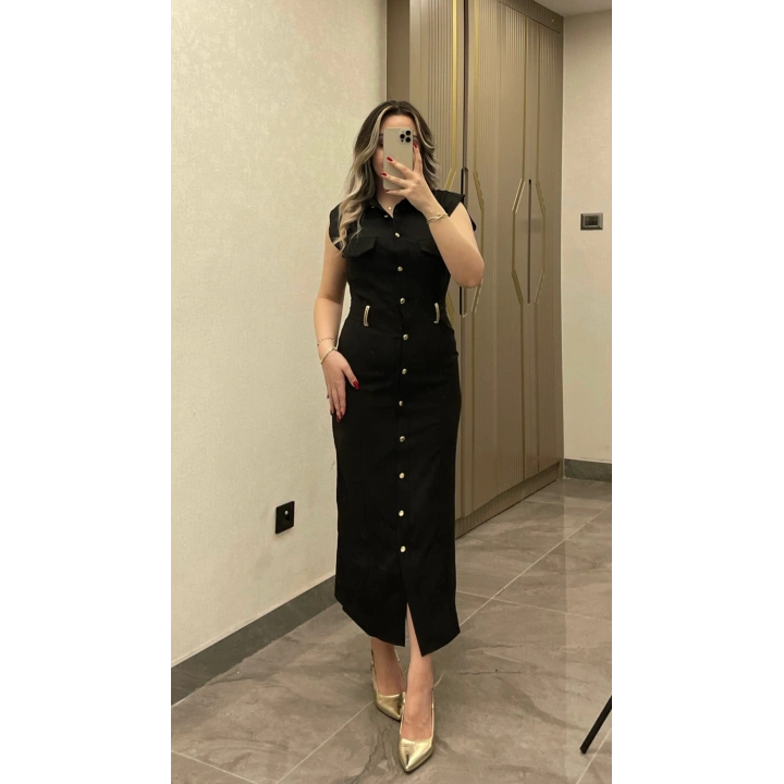 Kemer Aksesuar Detaylı Siyah Slim Elbise