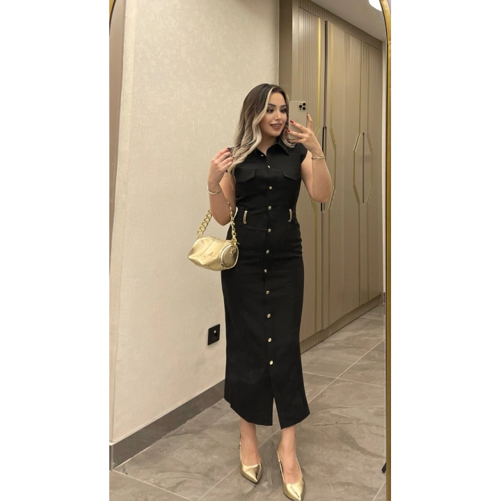 Kemer Aksesuar Detaylı Siyah Slim Elbise