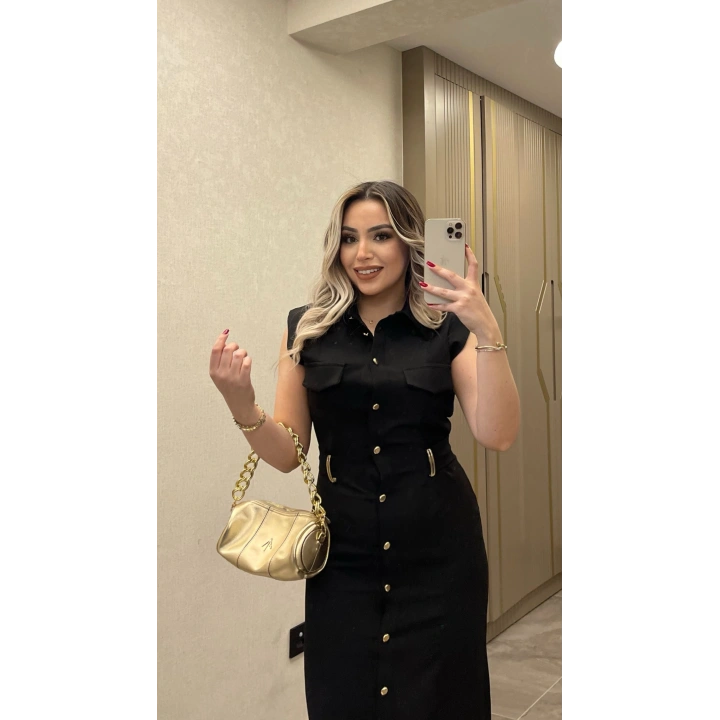 Kemer Aksesuar Detaylı Siyah Slim Elbise