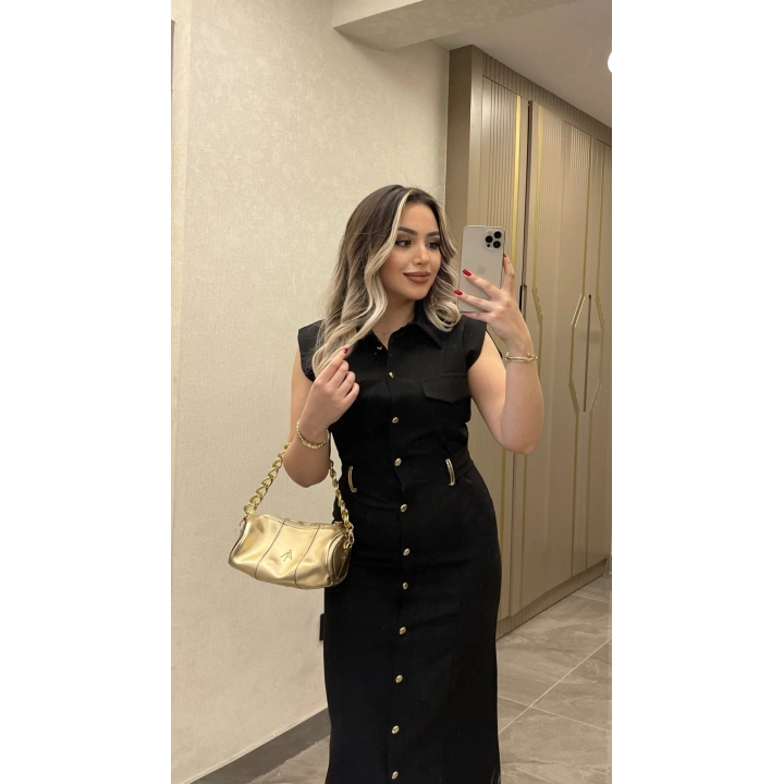 Kemer Aksesuar Detaylı Siyah Slim Elbise