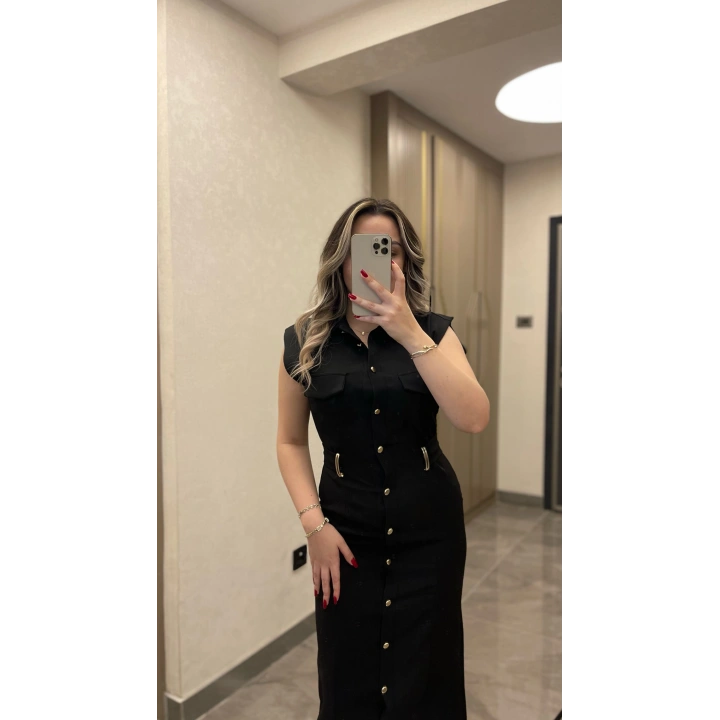 Kemer Aksesuar Detaylı Siyah Slim Elbise