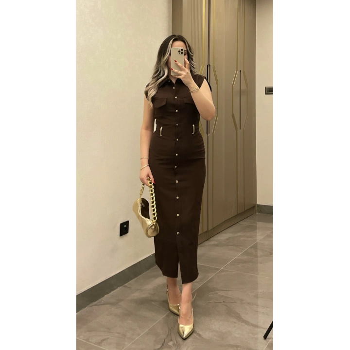 Kemer Aksesuar Detaylı Acı Kahve Slim Elbise