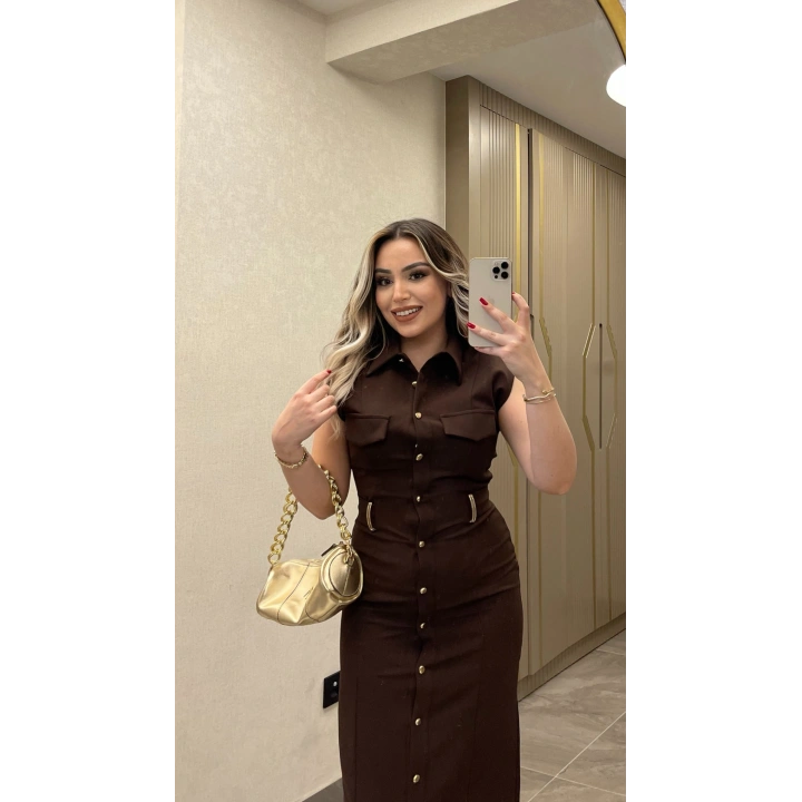 Kemer Aksesuar Detaylı Acı Kahve Slim Elbise