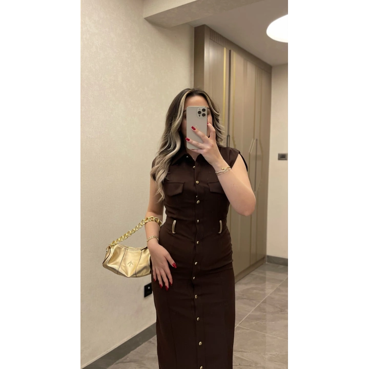 Kemer Aksesuar Detaylı Acı Kahve Slim Elbise