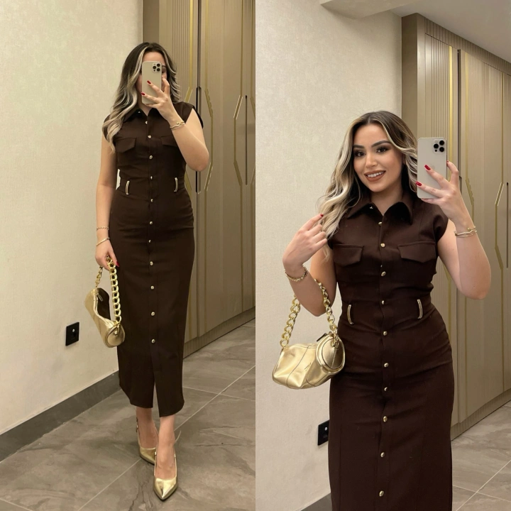 Kemer Aksesuar Detaylı Acı Kahve Slim Elbise