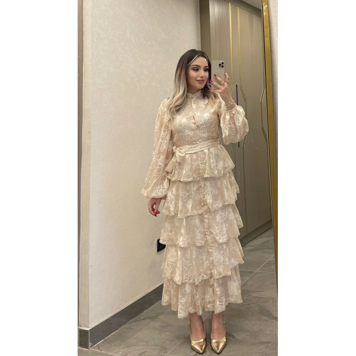 Bej Katkatlı Nakışlı Elbise