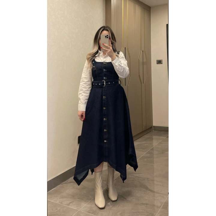 Etek Ucu Asimetrik Denim Elbise