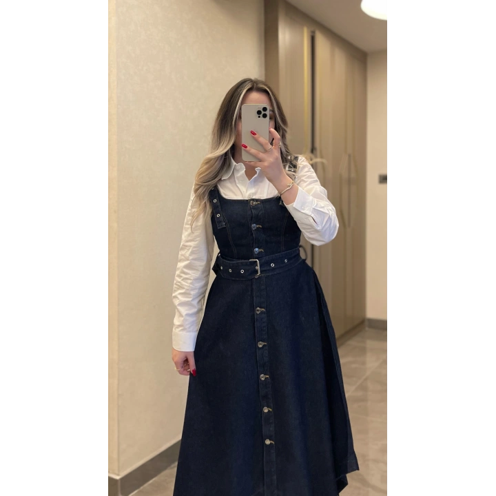 Etek Ucu Asimetrik Denim Elbise