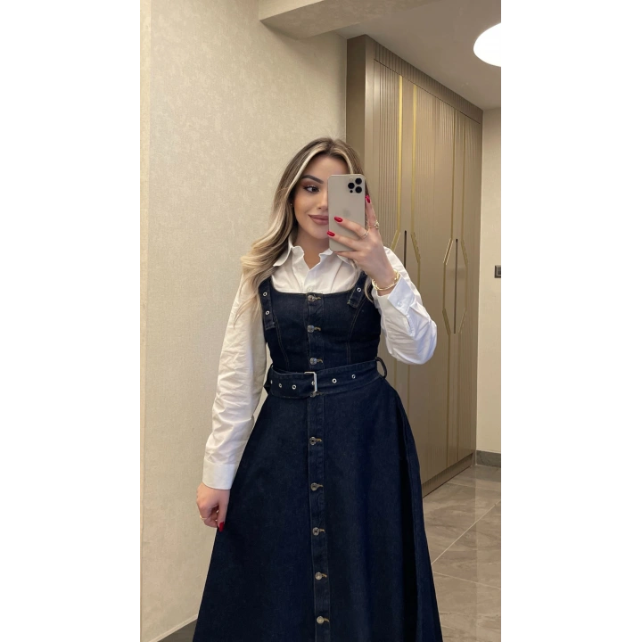 Etek Ucu Asimetrik Denim Elbise