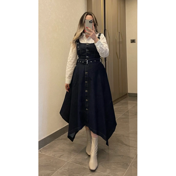 Etek Ucu Asimetrik Denim Elbise