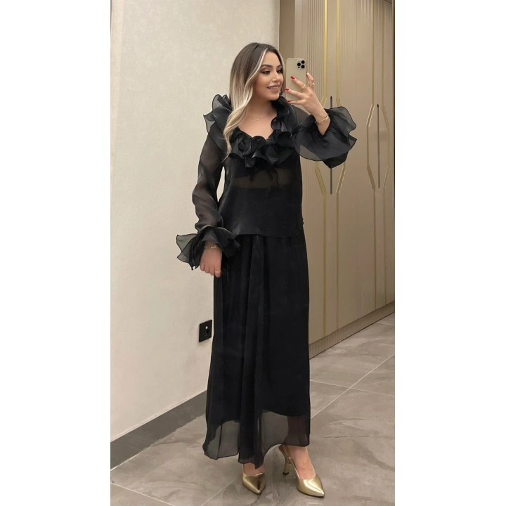 Fırfırlı Şifon Transparan Takım Siyah