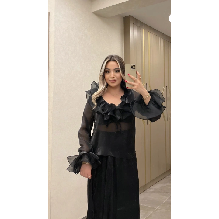 Fırfırlı Şifon Transparan Takım Siyah