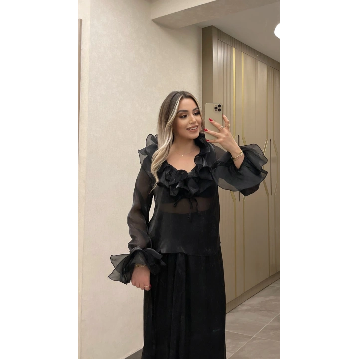 Fırfırlı Şifon Transparan Takım Siyah