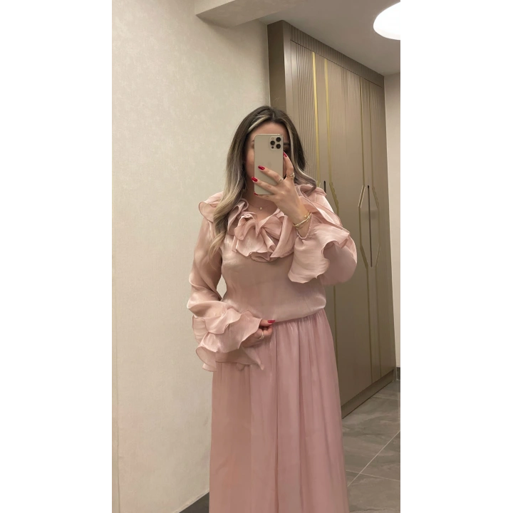 Fırfırlı Şifon Transparan Takım Pembe