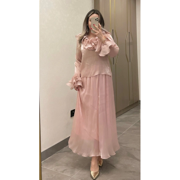 Fırfırlı Şifon Transparan Takım Pembe