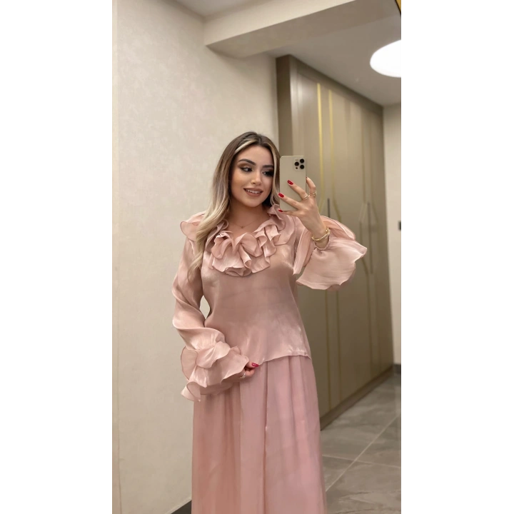 Fırfırlı Şifon Transparan Takım Pembe