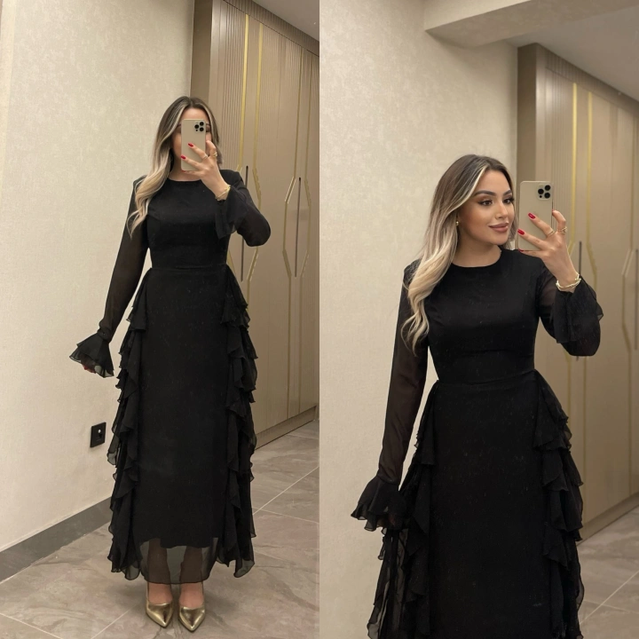 Siyah Volanlı Şifon Elbise