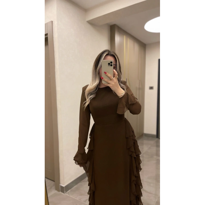 Acı Kahve Volanlı Şifon Elbise