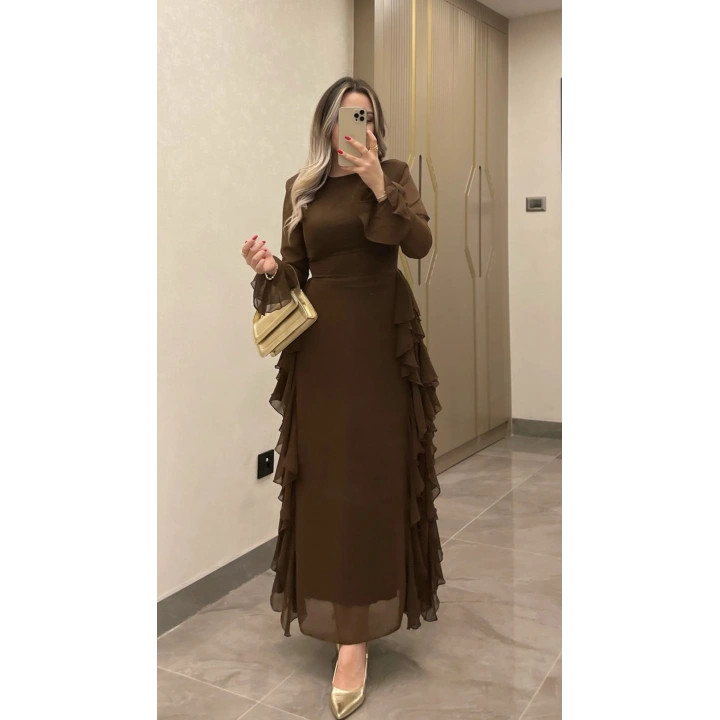 Acı Kahve Volanlı Şifon Elbise