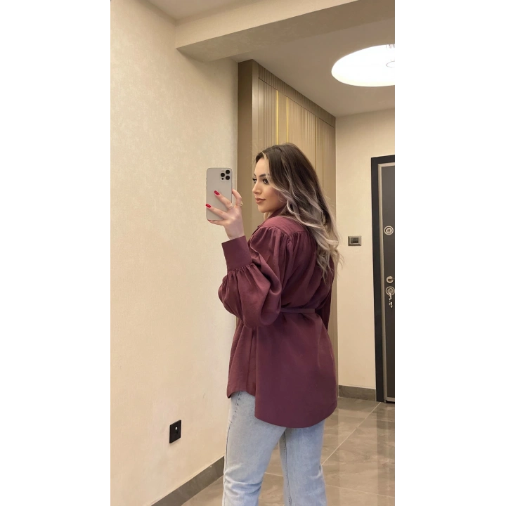 Bordo Kemerli Modal Gömlek