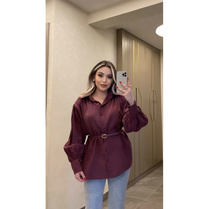Bordo Kemerli Modal Gömlek