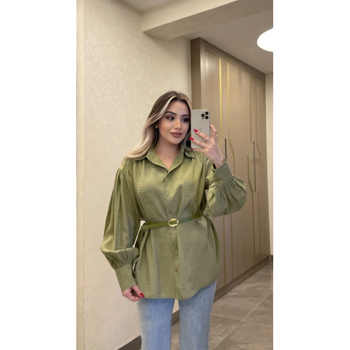 Yeşil Kemerli Modal Gömlek