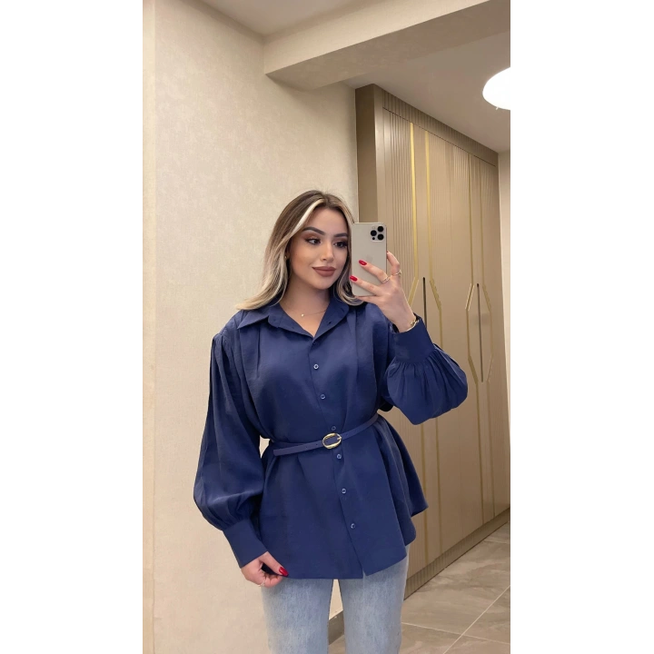 Lacivert Kemerli Modal Gömlek
