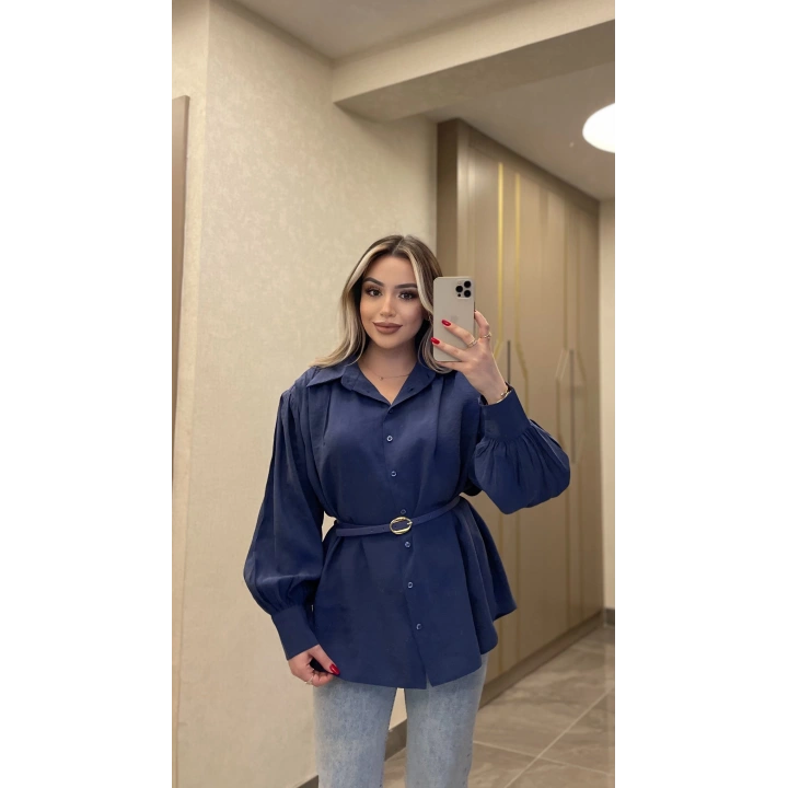 Lacivert Kemerli Modal Gömlek