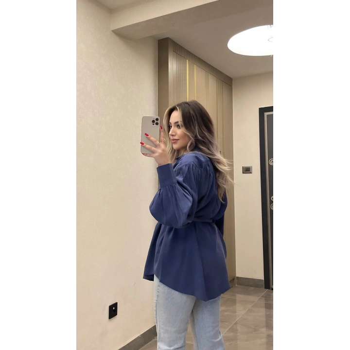 Lacivert Kemerli Modal Gömlek