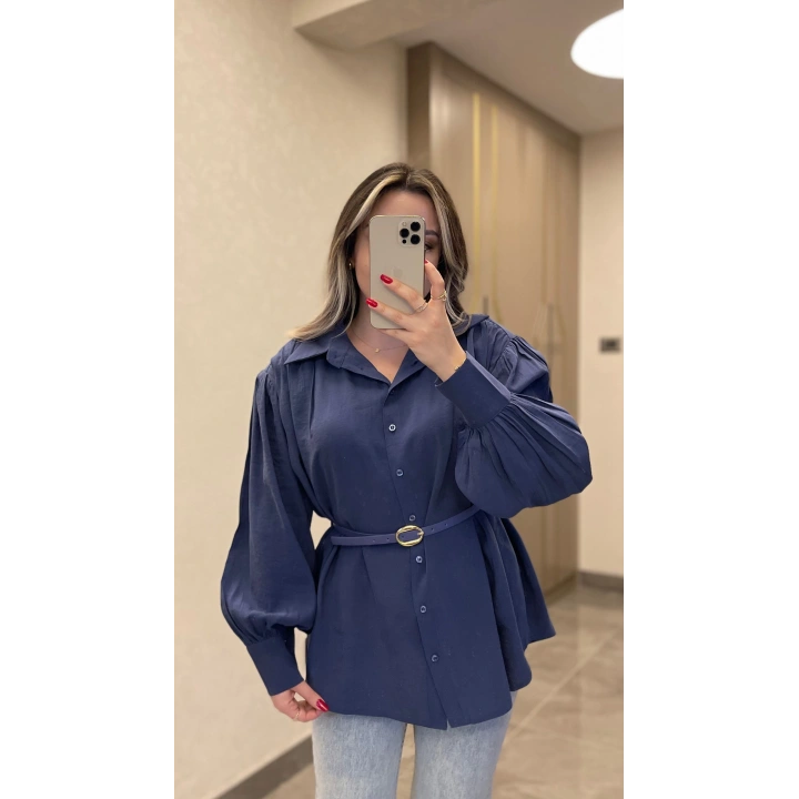 Lacivert Kemerli Modal Gömlek