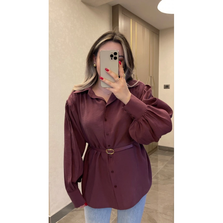 Bordo Kemerli Modal Gömlek