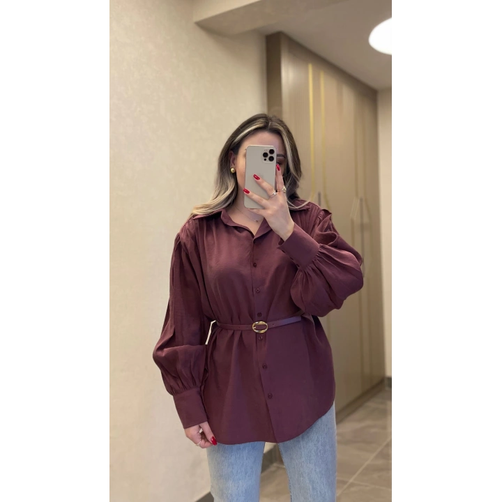 Bordo Kemerli Modal Gömlek