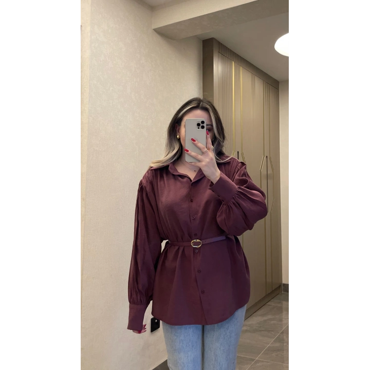 Bordo Kemerli Modal Gömlek