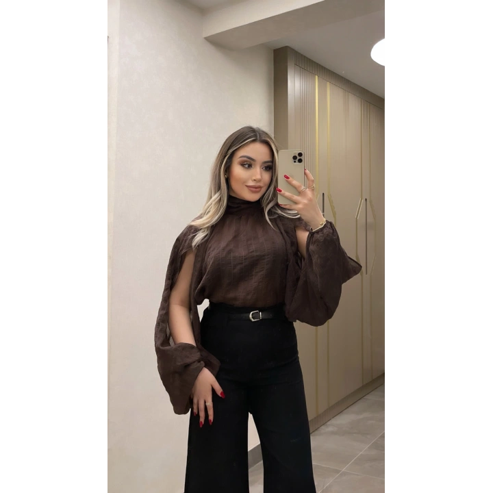 Kol Detaylı Acı Kahve Bluz