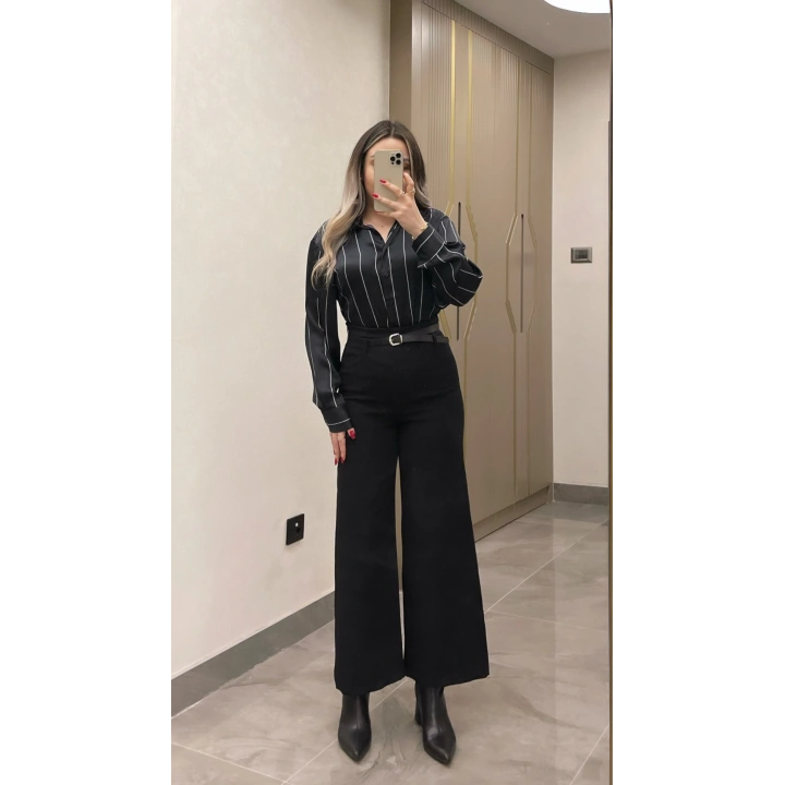 Kemerli Siyah Kumaş Pantolon