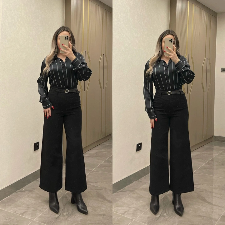 Kemerli Siyah Kumaş Pantolon