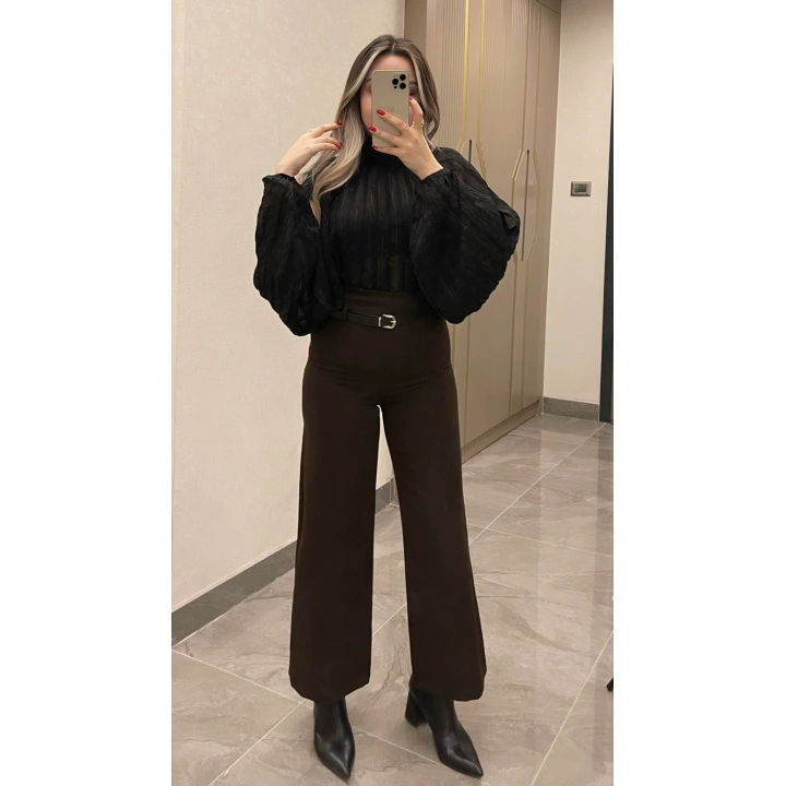 Kemerli Kumaş Pantolon Acı Kahve