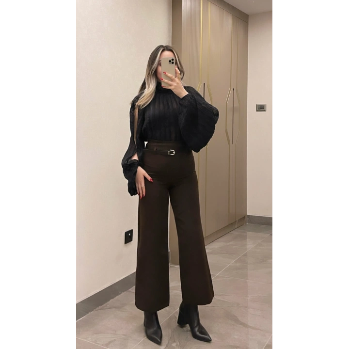 Kemerli Kumaş Pantolon Acı Kahve