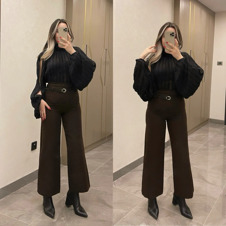 Kemerli Kumaş Pantolon Acı Kahve