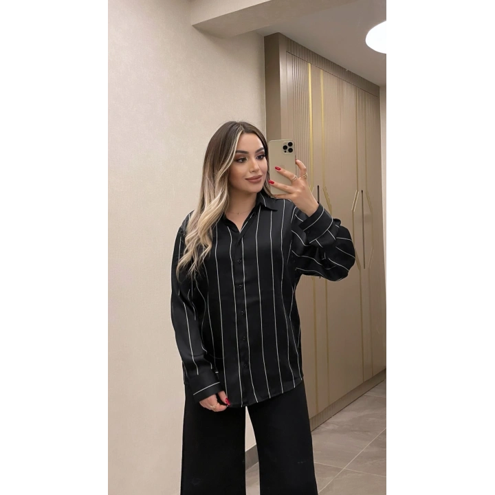 Çizgili Siyah Saten Gömlek