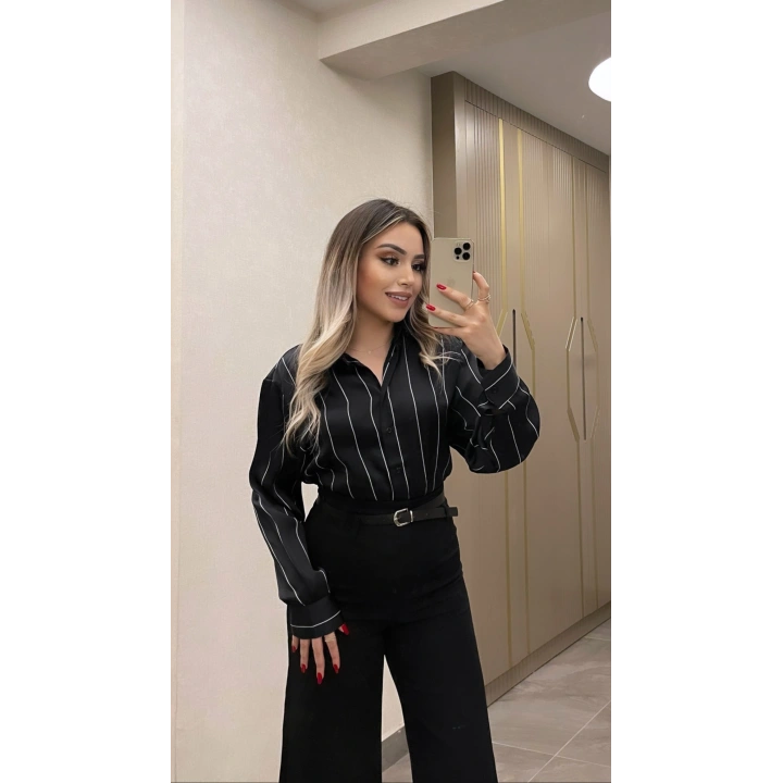 Çizgili Siyah Saten Gömlek