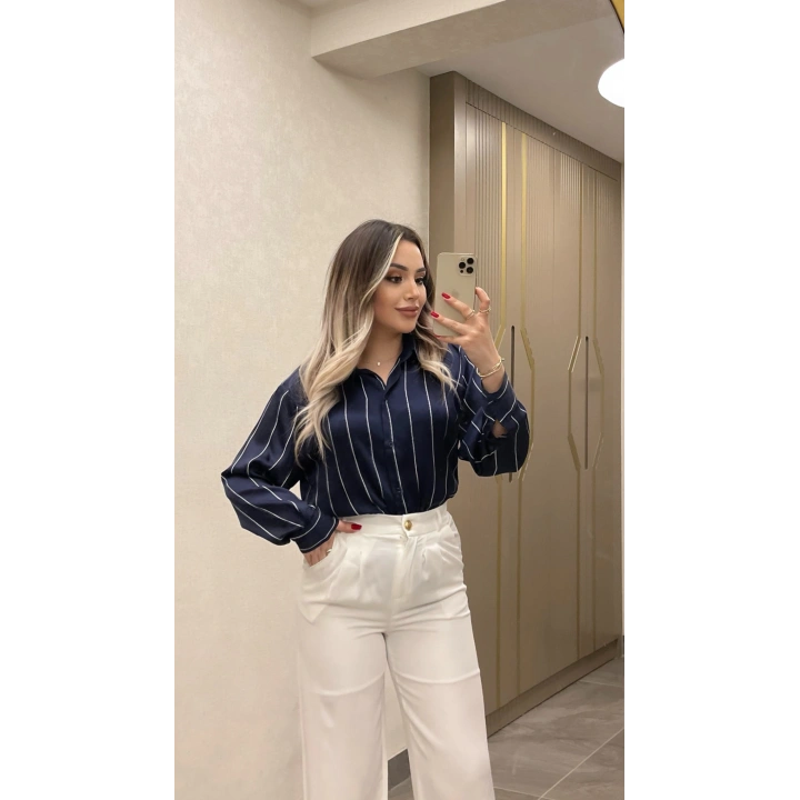 Çizgili Lacivert Saten Gömlek
