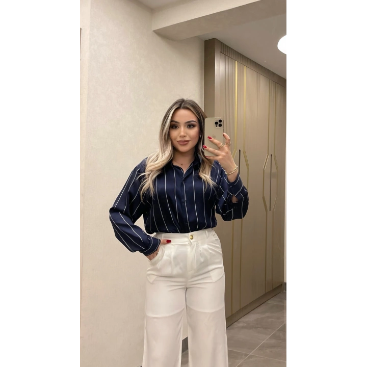 Çizgili Lacivert Saten Gömlek