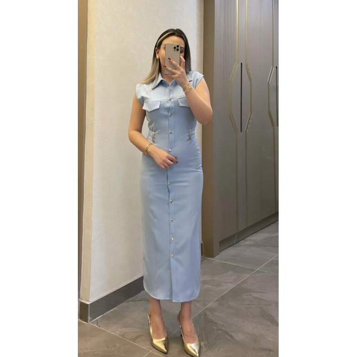 Kemer Aksesuar Detaylı Bebe Mavisi Slim Elbise