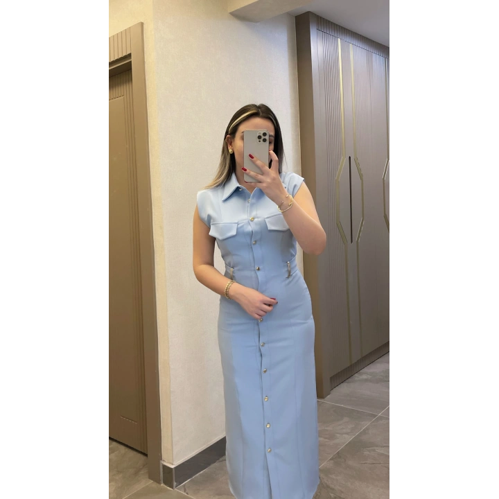 Kemer Aksesuar Detaylı Bebe Mavisi Slim Elbise