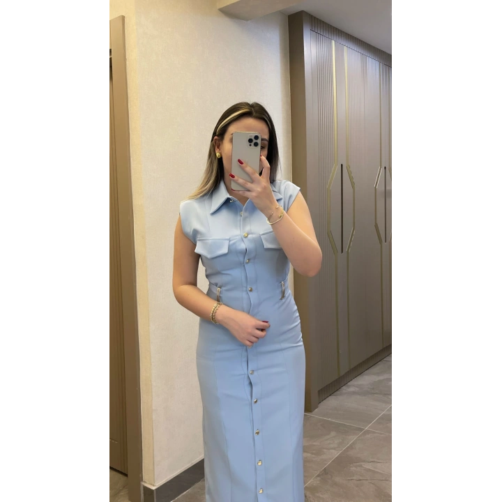 Kemer Aksesuar Detaylı Bebe Mavisi Slim Elbise