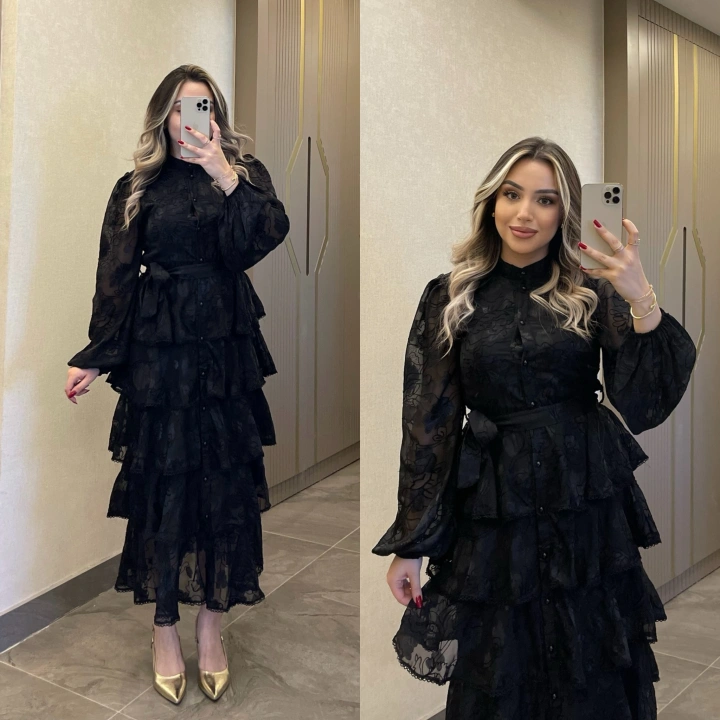 Siyah Katkatlı Nakışlı Elbise