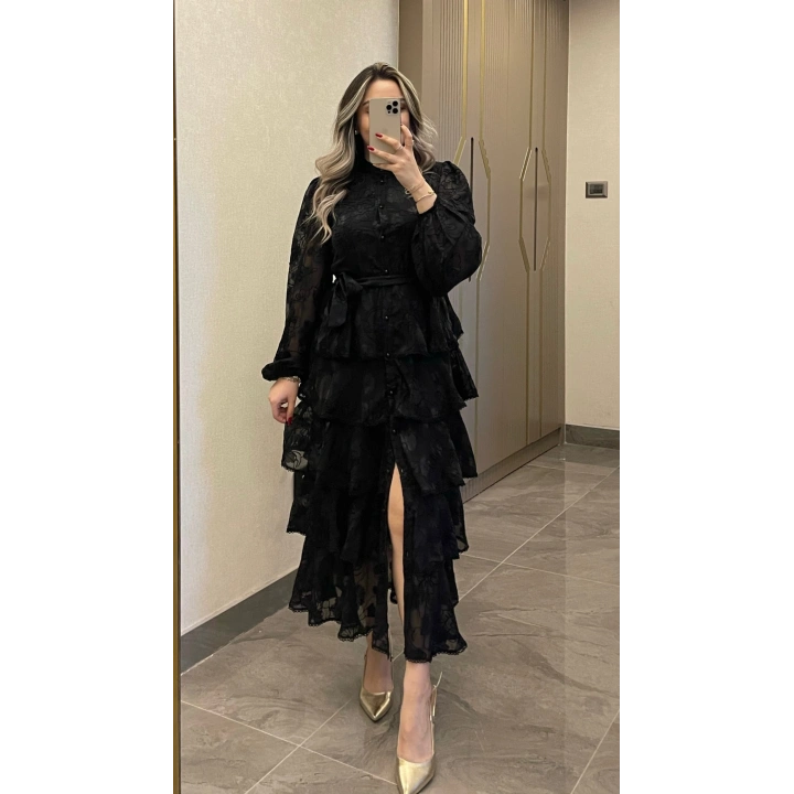 Siyah Katkatlı Nakışlı Elbise