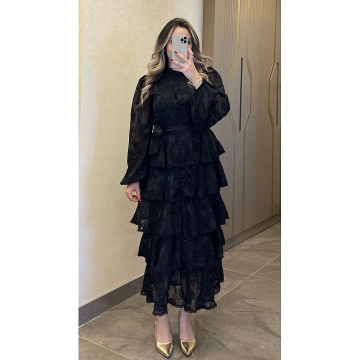 Siyah Katkatlı Nakışlı Elbise