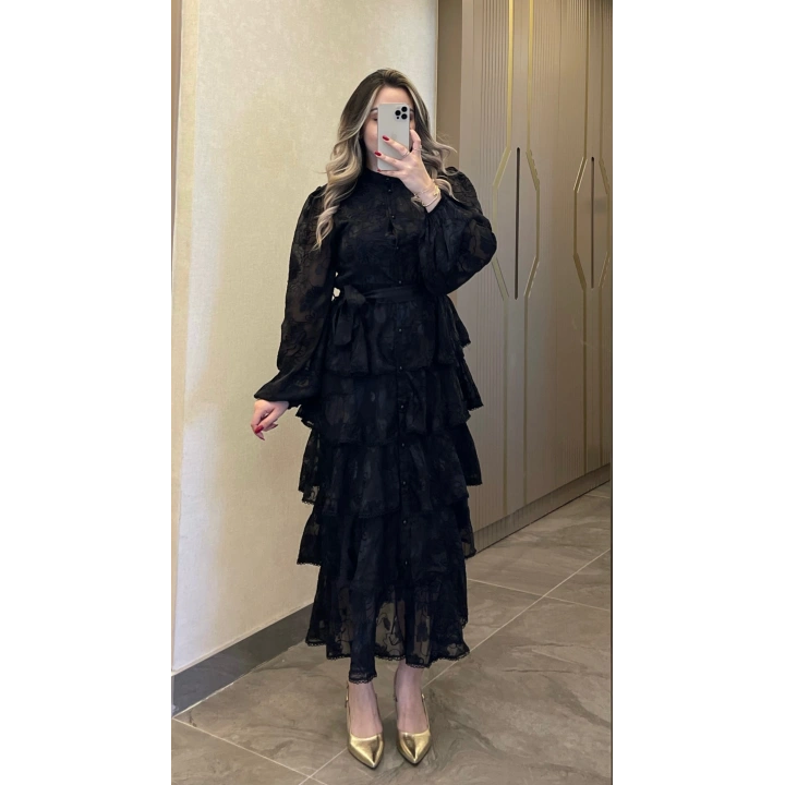 Siyah Katkatlı Nakışlı Elbise